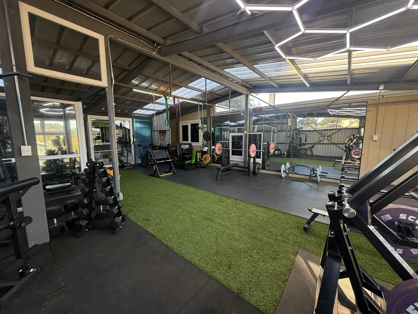 Sala de entrenamiento de Bestia Fit con pasto sintético, mancuernas y máquinas